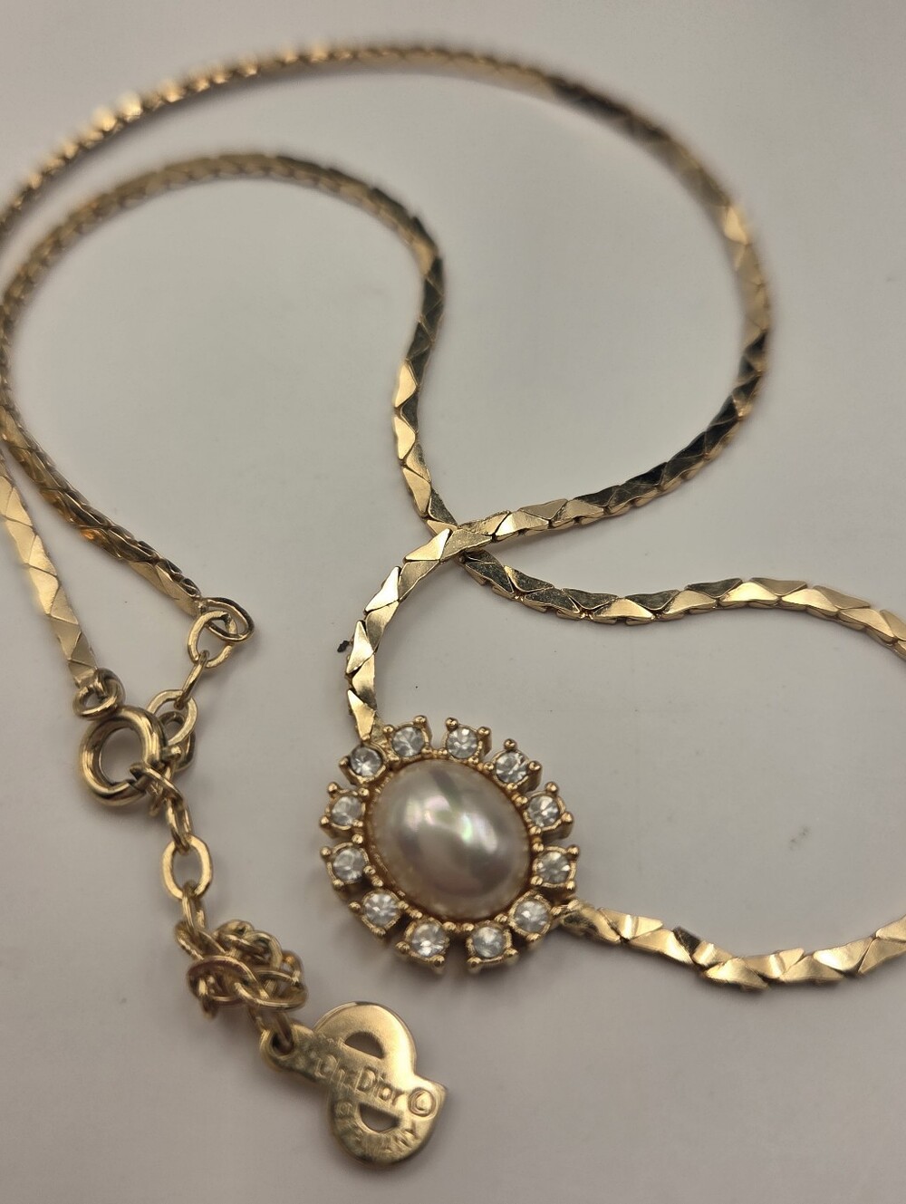 Dior Gold Pearl Halo Necklace with Clear Stones